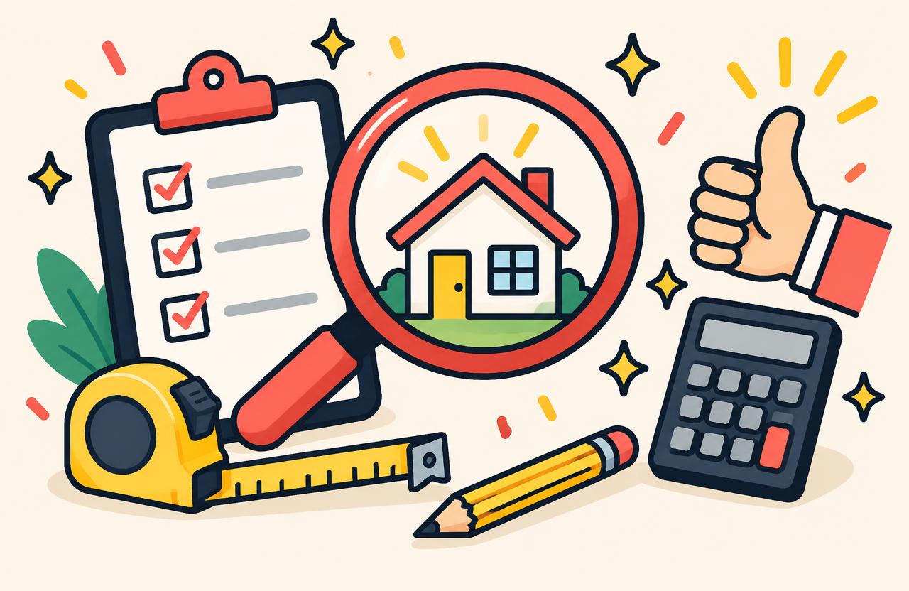Fröhliche Zeichnung: Checkliste, Lupe über einem Haus und Daumen hoch für ein kostenloses Festpreis-Angebot