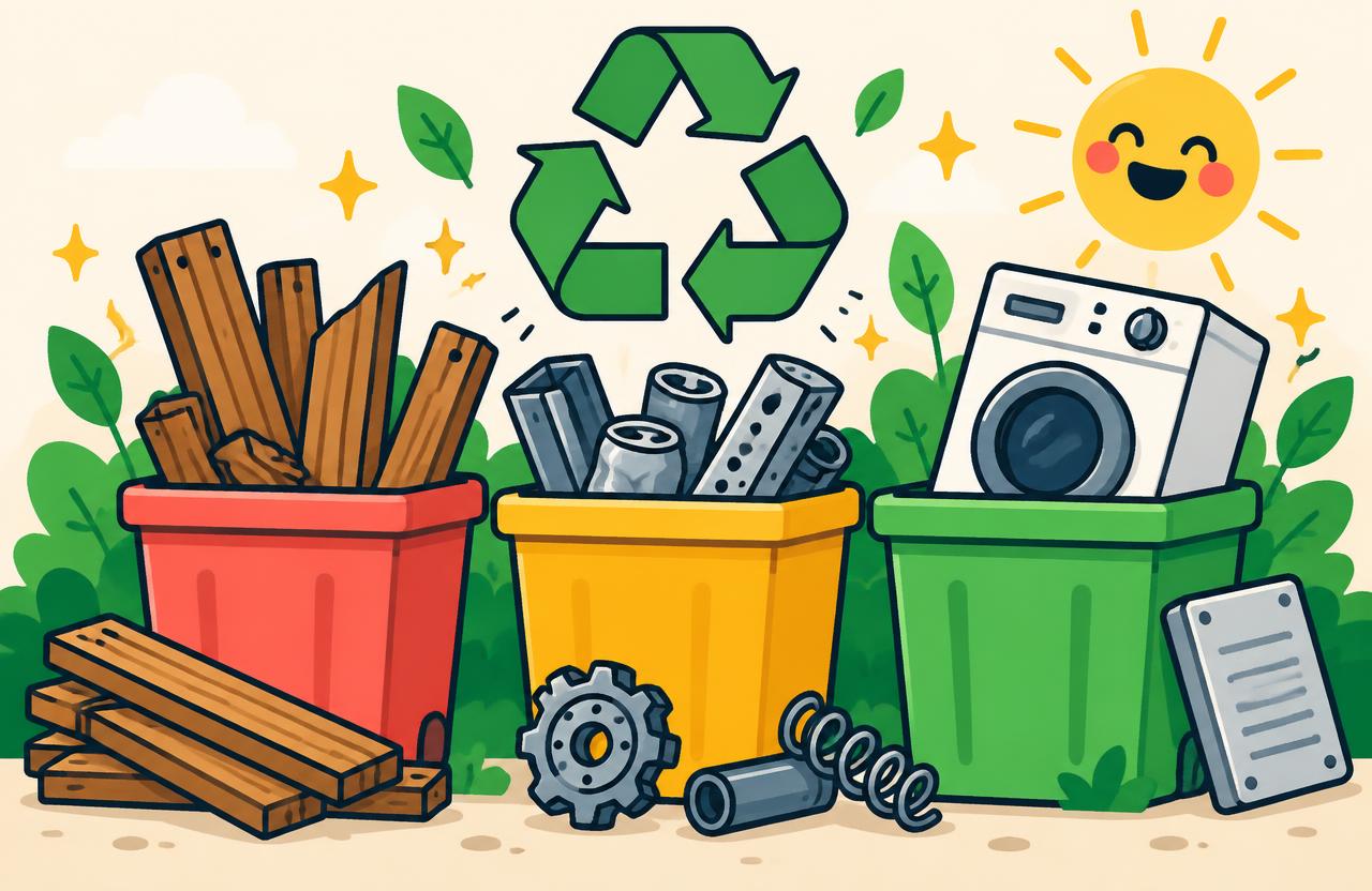 Fröhliche Zeichnung: bunte Tonnen mit Altholz, Metall und Elektrogeräten, Recycling-Symbol und lachende Sonne